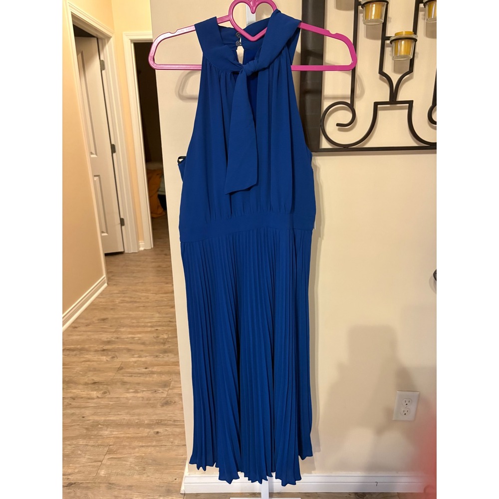 Maggy London Royal Blue Halter Pleated Midi Dress Tie Neck Sleeveless